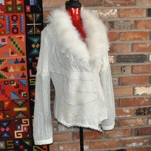 Christine Phillipe Silk Knit Cardigan Sweater Ivory Arctic Fox Fur Collar XL